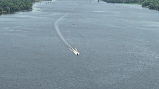 4.8K aerial stock footage of fishing boat on the Delaware River, Philadelphia, Pennsylvania Aerial Stock Footage | AX82_039