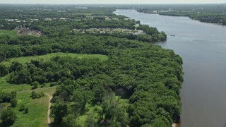 AX82_044 - 4.8K aerial stock footage approaching and tilting to boats at Neshaminy State Marina, Croydon, Pennsylvania