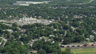 AX82_045 - 4.8K aerial stock footage of a small factory and homes in Croydon, Pennsylvania