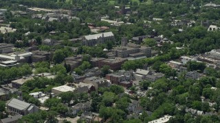 AX83_014 - 4.8K aerial stock footage of Princeton University Chapel and the Firestone Library, New Jersey