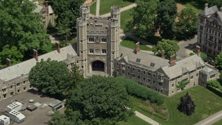 AX83_027 - 4.8K aerial stock footage of the Blair Arch at Mathey College, Princeton University, New Jersey