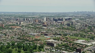 4.8K aerial stock footage approaching the Downtown Newark cityscape, New Jersey Aerial Stock Footage | AX83_077