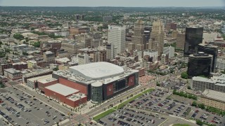 AX83_087 - 4.8K aerial stock footage of Prudential Center and high-rises in Downtown Newark, New Jersey