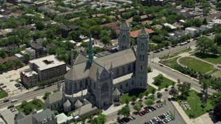 AX83_093E - 4.8K aerial stock footage orbiting Cathedral Basilica of the Sacred Heart in Newark, New Jersey