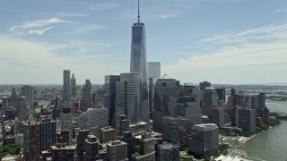 AX83_157E - 4.8K aerial stock footage of Freedom Tower and World Trade Center buildings, Lower Manhattan, New York City