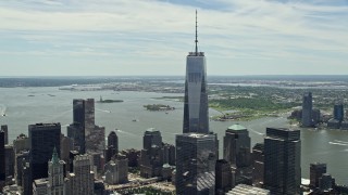 4.8K aerial stock footage of One World Trade Center and New York Harbor, Lower Manhattan, New York City Aerial Stock Footage | AX83_165