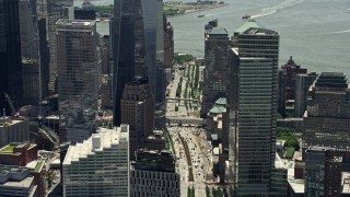 4.8K aerial stock footage of the base of One World Trade Center and streets, Lower Manhattan, New York City Aerial Stock Footage | AX83_166