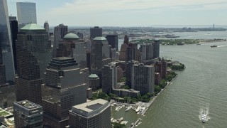 4.8K aerial stock footage flying by World Trade Center skyscrapers, Lower Manhattan, New York City Aerial Stock Footage | AX83_167E