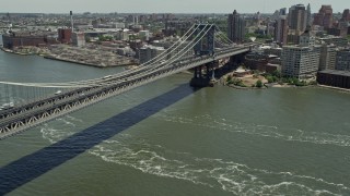 4.8K aerial stock footage panning across Manhattan Bridge and approach Brooklyn, New York City Aerial Stock Footage | AX83_186