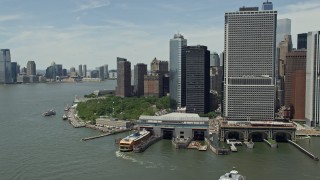 AX83_190 - 4.8K aerial stock footage of Lower Manhattan skyscrapers, Battery Park and World Trade Center, New York City