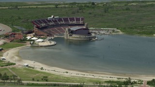 4.8K aerial stock footage of Nikon at Jones Beach Theater at Jones Beach State Park, Wantagh, New York Aerial Stock Footage | AX83_253