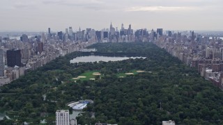 4K aerial stock footage tilt from Harlem row houses, revealing Central Park, New York City Aerial Stock Footage | AX84_039E