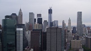 4K Aerial Video Flying by Lower Manhattan skyscrapers, New York, New York Aerial Stock Footage | AX84_158