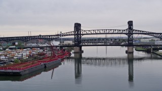 AX84_176 - 4K aerial stock footage of approaching Lincoln Highway and Pulaski Highway Bridges, Newark, New Jersey