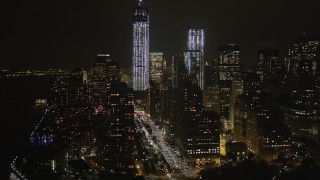 4K aerial stock footage of Freedom Tower, World Trade Center, Lower Manhattan, New York, New York, night Aerial Stock Footage | AX85_013