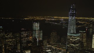 4K aerial stock footage Flying by World Trade Center, Lower Manhattan, New York, New York, night Aerial Stock Footage | AX85_018