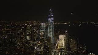 4K aerial stock footage of Freedom Tower, World Trade Center, Lower Manhattan, New York, New York, night Aerial Stock Footage | AX85_021