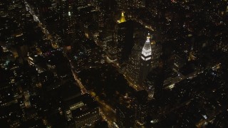 4K aerial stock footage Metropolitan Life Insurance Company Tower, Midtown Manhattan, New York, night Aerial Stock Footage | AX85_035