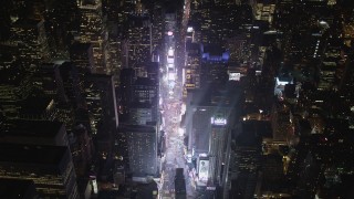 AX85_044 - 4K aerial stock footage Approaching Times Square, Midtown Manhattan, New York, New York, night