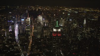 4K aerial stock footage Empire State Building, Midtown Manhattan, Times Square, New York, night Aerial Stock Footage | AX85_048