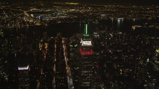 4K aerial stock footage Empire State Building, Chrysler Building, Midtown Manhattan, New York, night Aerial Stock Footage | AX85_055