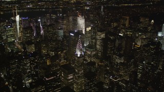 4K aerial stock footage Approaching Chrysler Building, Midtown Manhattan, New York, New York, night Aerial Stock Footage | AX85_062