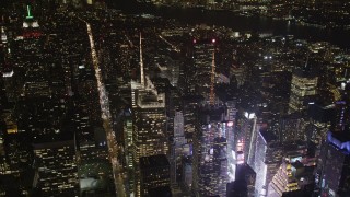 4K aerial stock footage Bank of America Tower, Times Square, Midtown Manhattan, New York, night Aerial Stock Footage | AX85_072