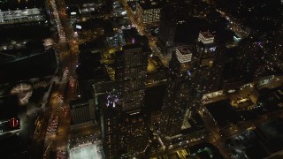 AX85_091 - 4K aerial stock footage Flying over skyscrapers, Chelsea, New York, New York, night