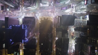 4K aerial stock footage Bird's eye view over Times Square, Midtown Manhattan, New York, night Aerial Stock Footage | AX85_095