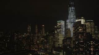 4K aerial stock footage Flying by the World Trade Center, Lower Manhattan, New York, New York, night Aerial Stock Footage | AX85_120