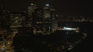 4K aerial stock footage Flying by Lower Manhattan skyscrapers, Battery Park, New York, New York, night Aerial Stock Footage | AX85_124