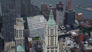 4K aerial stock footage of the top of the Woolworth Building in Lower Manhattan, New York City Aerial Stock Footage | AX86_006