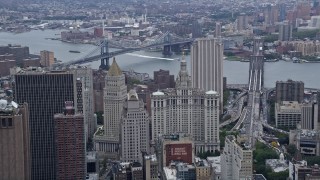 4K aerial stock footage tilt to reveal and approach the Manhattan Municipal Building, Lower Manhattan, New York City Aerial Stock Footage | AX86_013