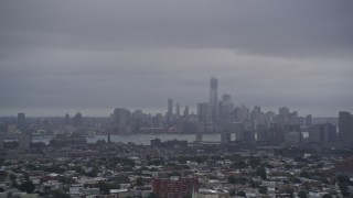 4K aerial stock footage a wide view of Lower Manhattan, New York City, seen from Jersey City Aerial Stock Footage | AX86_085