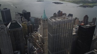 AX87_027 - 4K aerial stock footage of One Chase Manhattan Plaza, 40 Wall Street, Lower Manhattan, New York, New York