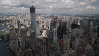 4K aerial stock footage Flying by World Trade Center skyscrapers, Lower Manhattan, New York, New York Aerial Stock Footage | AX87_029