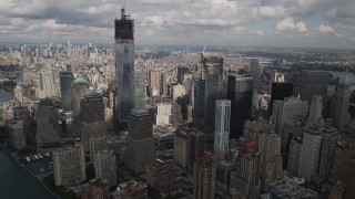 4K aerial stock footage Fly by Freedom Tower, World Trade Center skyscrapers, Lower Manhattan, New York Aerial Stock Footage | AX87_030