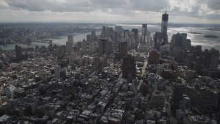 4K aerial stock footage Flying away from Lower Manhattan, New York, New York Aerial Stock Footage | AX87_053