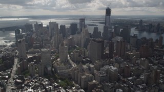 4K aerial stock footage Flying over buildings, revealing Lower Manhattan, New York, New York Aerial Stock Footage | AX87_055