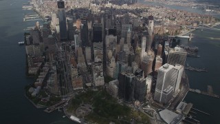 4K aerial stock footage Flying by Lower Manhattan, at a high altitude, New York, New York Aerial Stock Footage | AX87_065