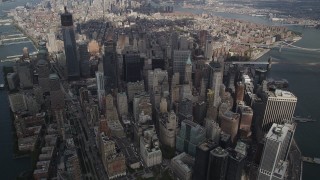 4K aerial stock footage Panning across Lower Manhattan, high altitude, New York, New York Aerial Stock Footage | AX87_066