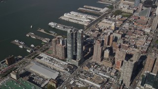 4K aerial stock footage Approaching the Silver Towers, tilt down, Midtown Manhattan, New York, New York Aerial Stock Footage | AX87_089