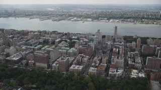 AX87_160 - 4K aerial stock footage Flying by Columbia University, Morningside Heights, Hudson River, New York