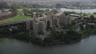 AX87_183 - 4K aerial stock footage Approach Manhattan Psychiatric Center, Wards Island, Manhattan, New York