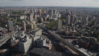 4K aerial stock footage of passing by Brooklyn skyscrapers, seen from the Brooklyn Bridge, New York Aerial Stock Footage | AX88_005