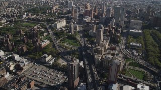 4K aerial stock footage of tilting from the Manhattan Bridge, revealing Brooklyn skyscrapers, New York Aerial Stock Footage | AX88_006