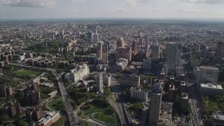 4K aerial stock footage of approaching Brooklyn skyscrapers, New York Aerial Stock Footage | AX88_007