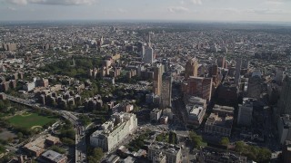 4K aerial stock footage of approaching Long Island University Brooklyn Campus and skyscrapers, Brooklyn, New York Aerial Stock Footage | AX88_008