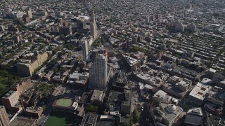 4K aerial stock footage of approaching Williamsburgh Savings Bank Tower office building in Brooklyn, New York Aerial Stock Footage | AX88_011