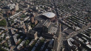 4K aerial stock footage fly over Williamsburgh Savings Bank Tower office building near Barclays Center arena, Brooklyn, New York Aerial Stock Footage | AX88_013